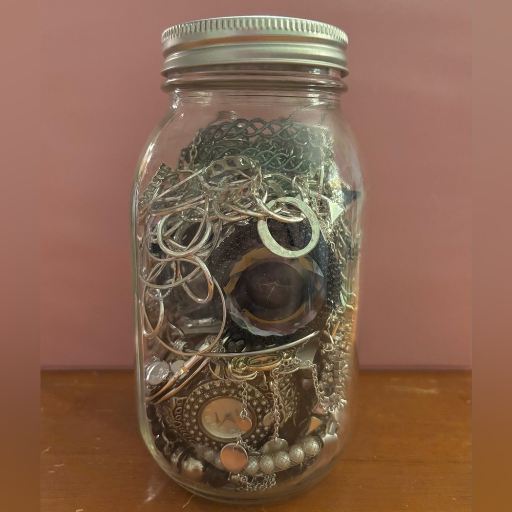 Assorted Mystery Jewelry, Silver and Black Jewelry in Mason Jar